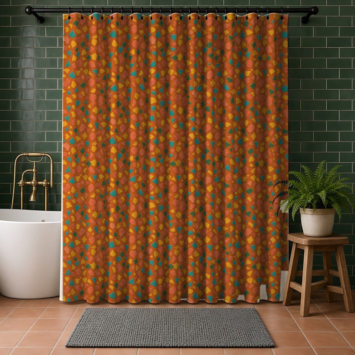 Angular Shard Scatter Shower Curtain in a bathroom with dark green tiles