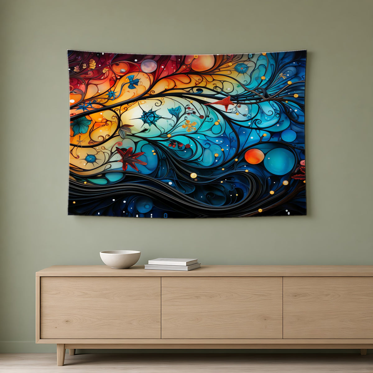 Cosmic Swirl Garden Wall Tapestry hanging on a sage-green wall above an oak sideboard