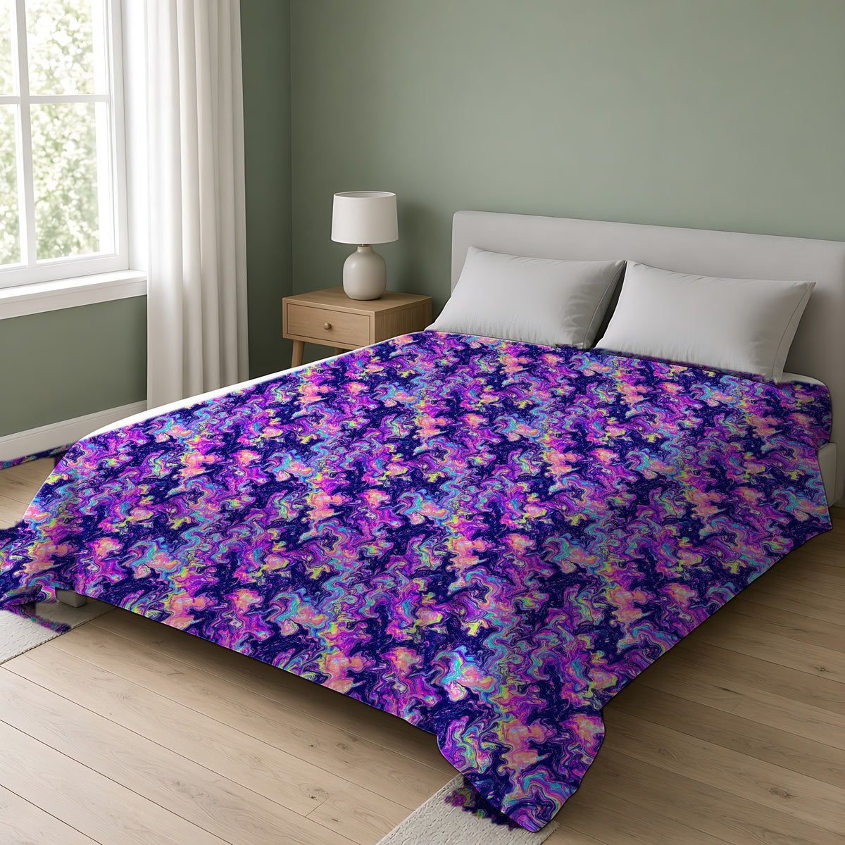 Opal Lava Marble Comforter on a double bed in a bright sage-green bedroom