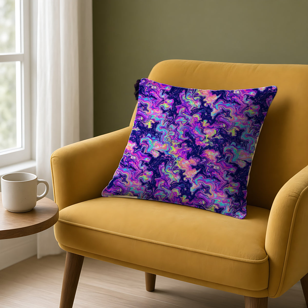Opal Lava Marble Faux Suede Cushion on a mustard armchair by a window
