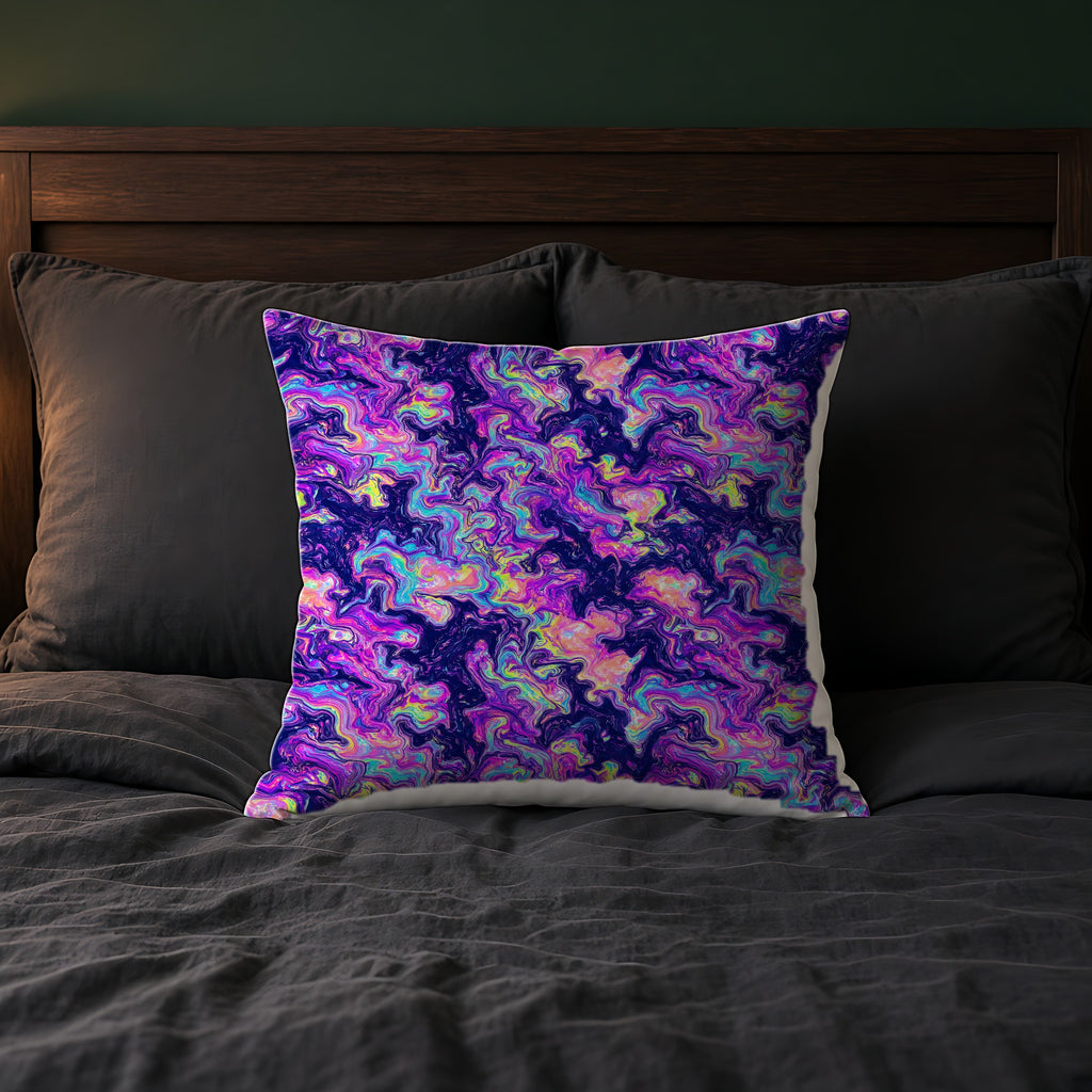 Opal Lava Marble Faux Suede Cushion on a bed with charcoal bedding