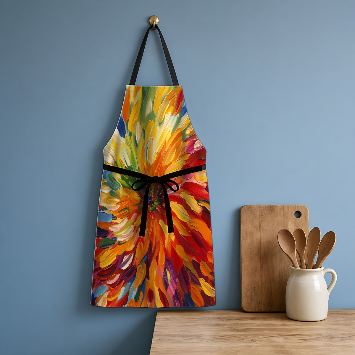 Radiant Feather Burst Apron hanging in a blue kitchen