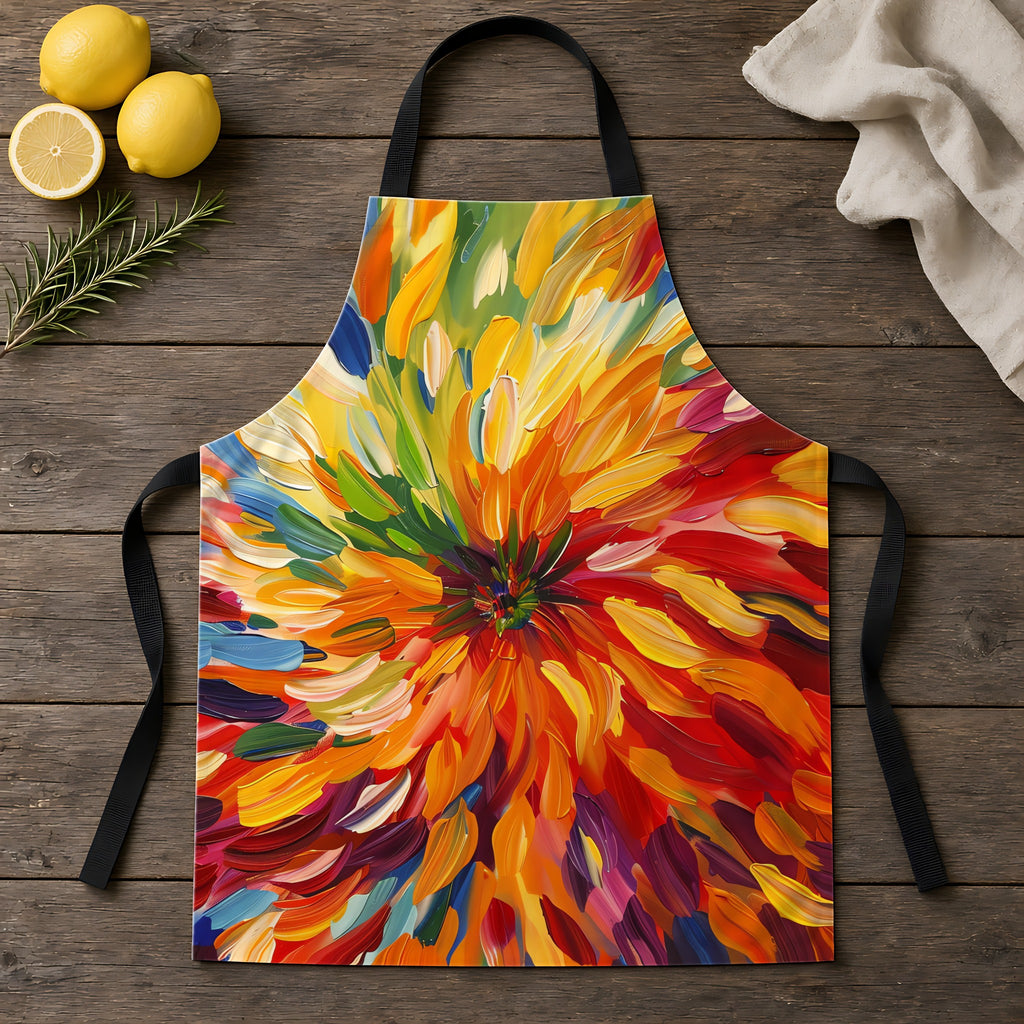 Radiant Feather Burst Apron laid flat on a rustic wooden table