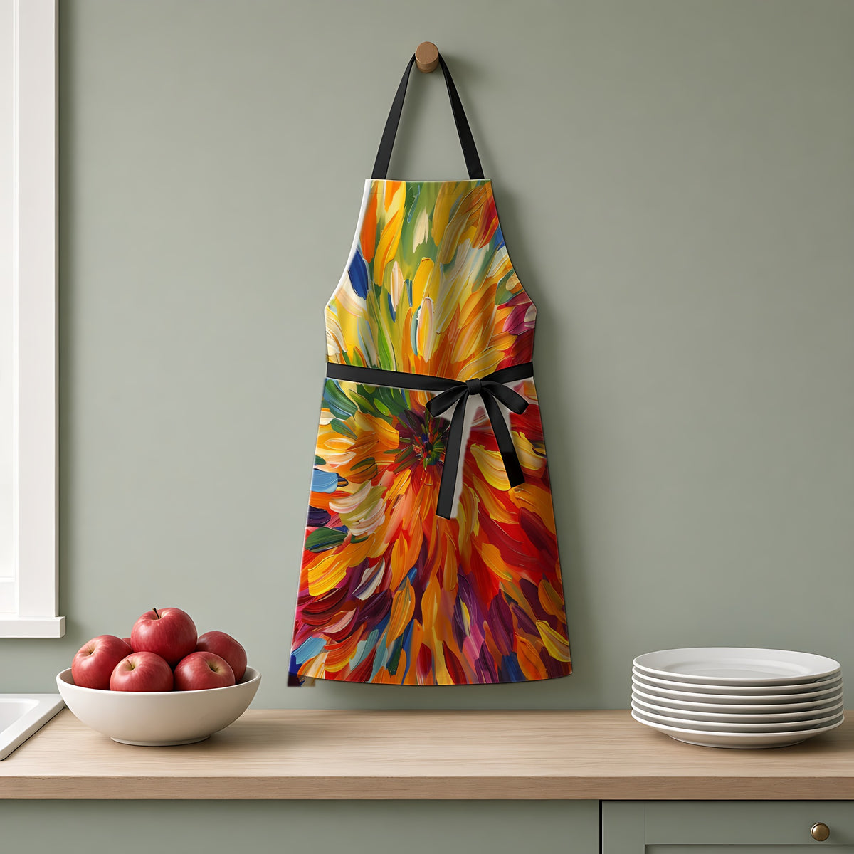 Radiant Feather Burst Apron hanging on a sage-green kitchen wall