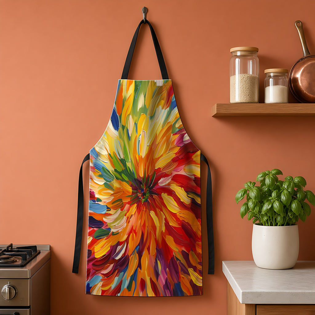 Radiant Feather Burst Apron hanging on a terracotta kitchen wall