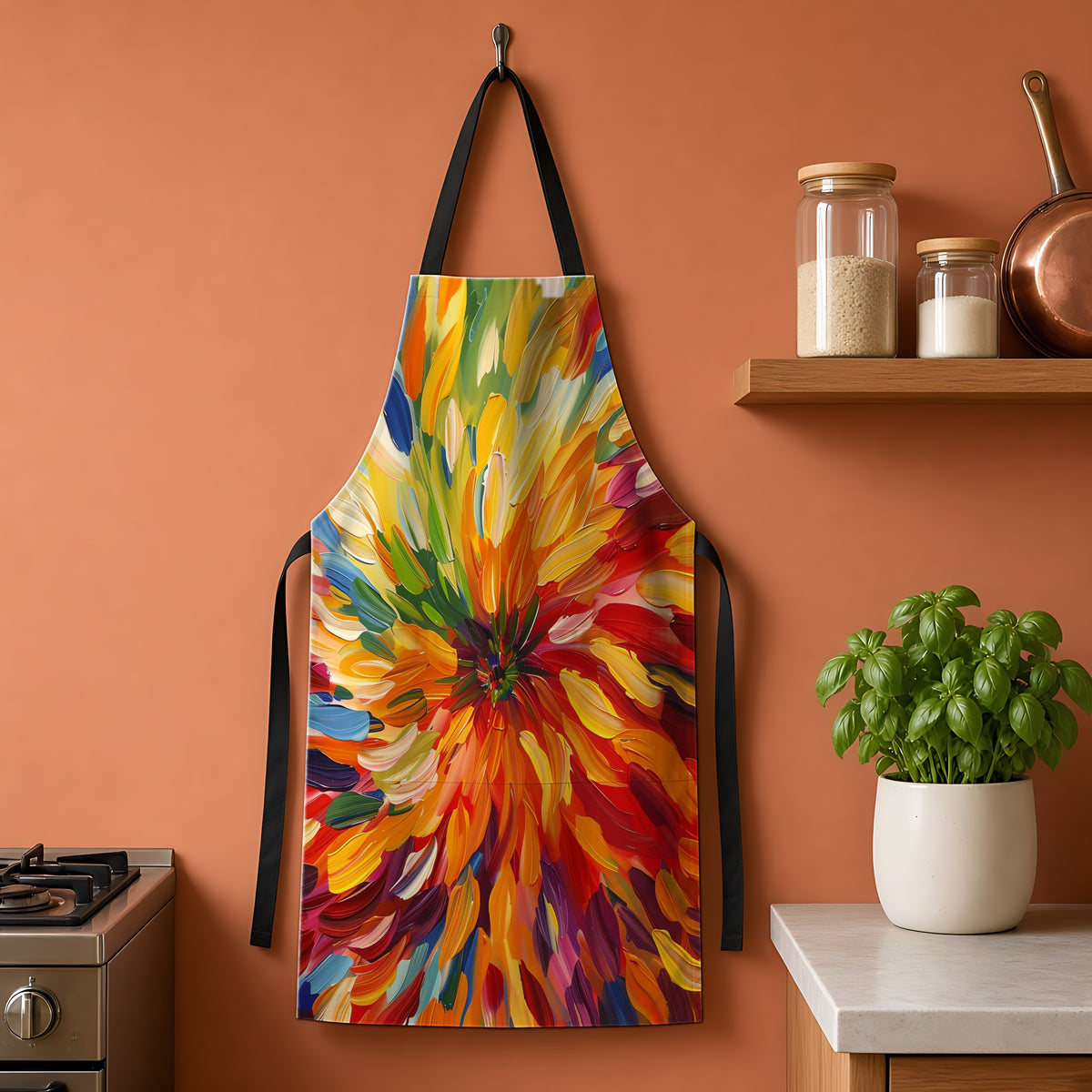 Radiant Feather Burst Apron hanging on a terracotta kitchen wall