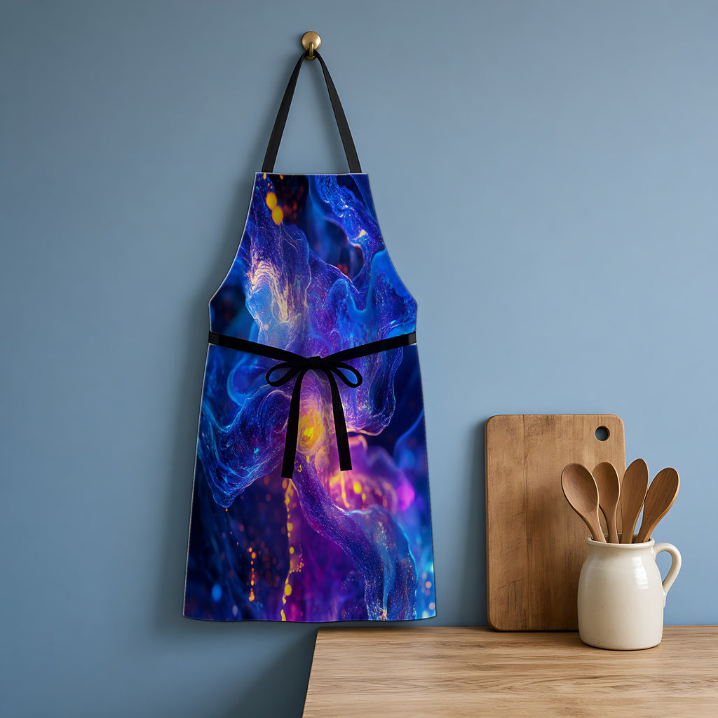 Cosmic Neon Nebula Apron hanging in a blue kitchen
