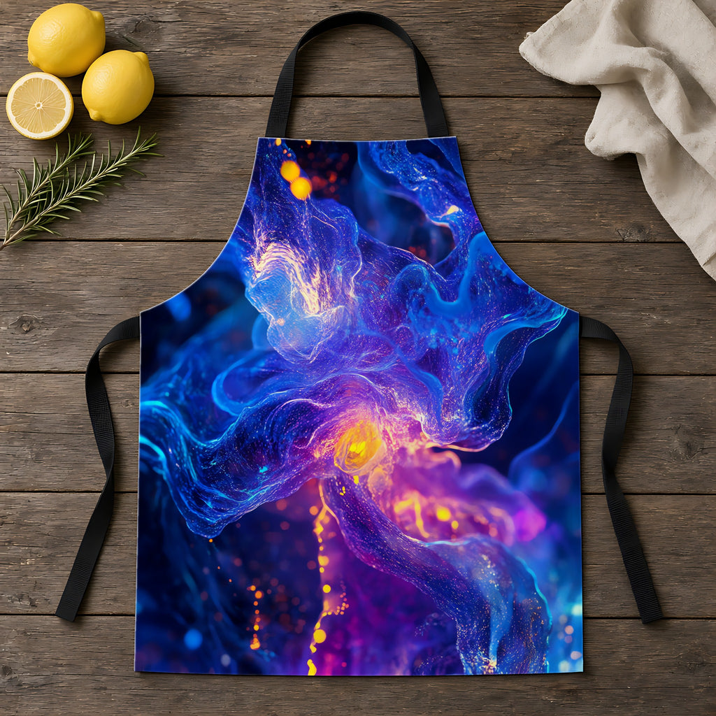 Cosmic Neon Nebula Apron laid flat on a rustic wooden table
