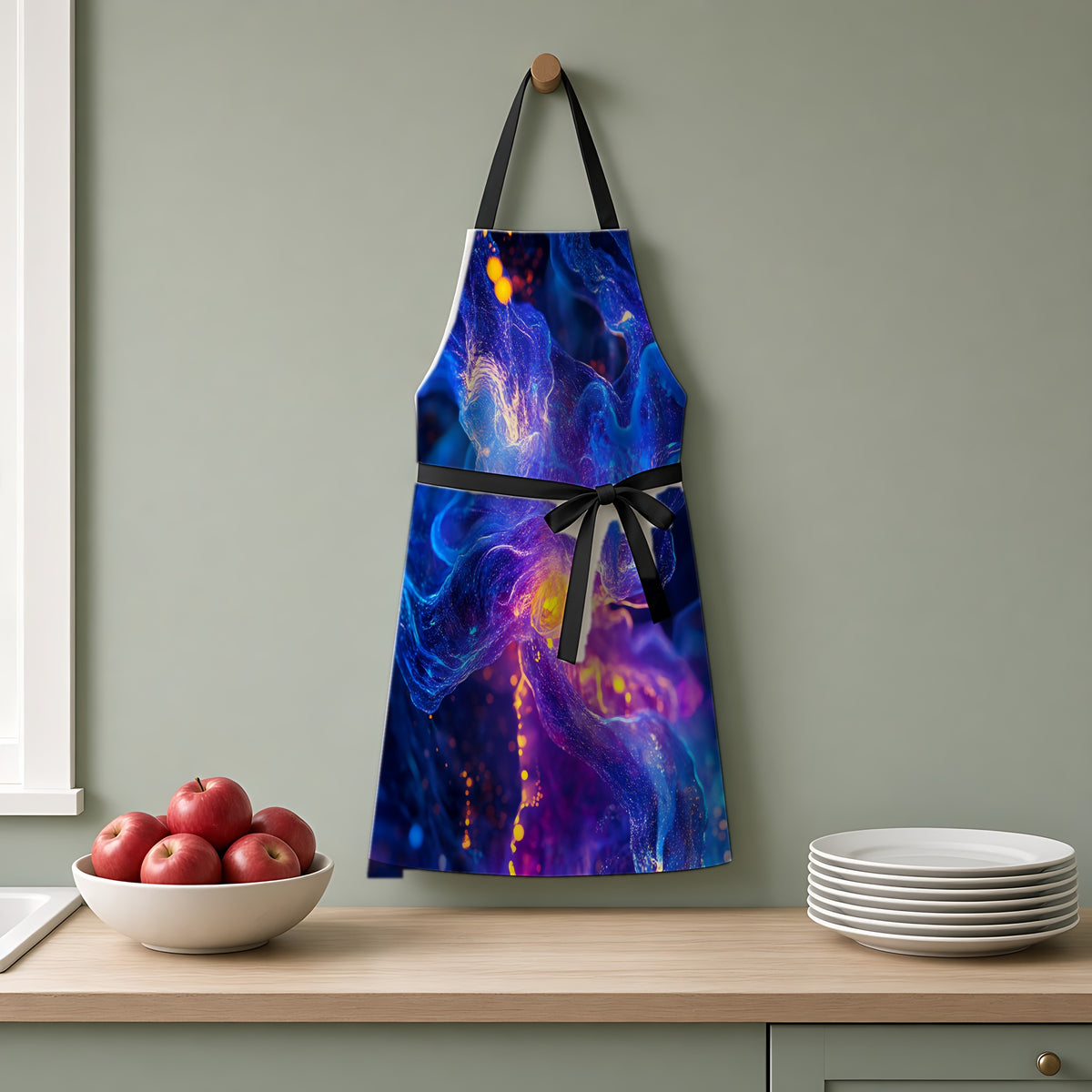 Cosmic Neon Nebula Apron hanging on a sage-green kitchen wall
