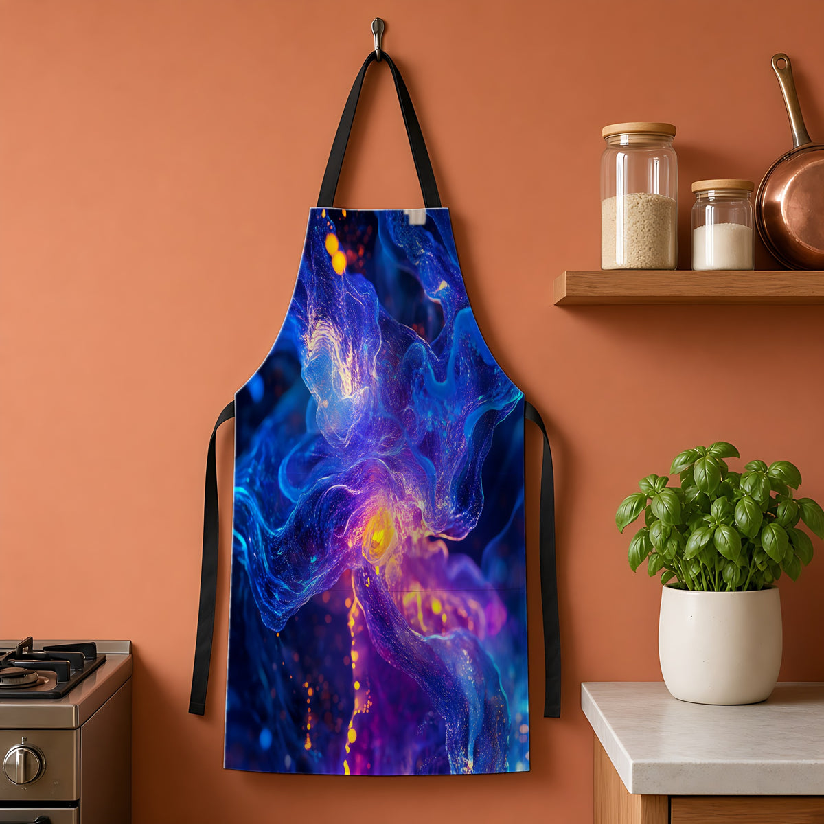 Cosmic Neon Nebula Apron hanging on a terracotta kitchen wall