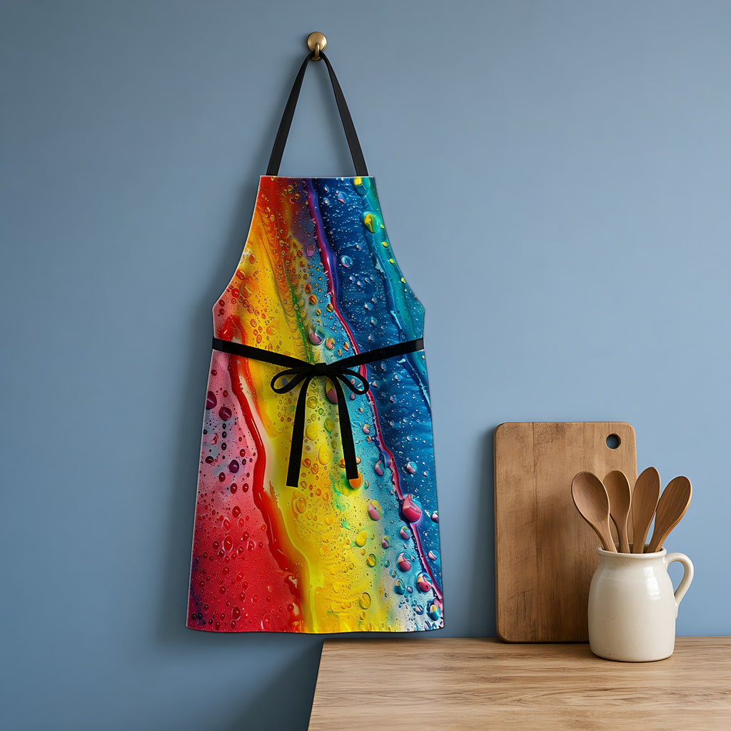 Rainbow Droplet Flow Apron hanging in a blue kitchen
