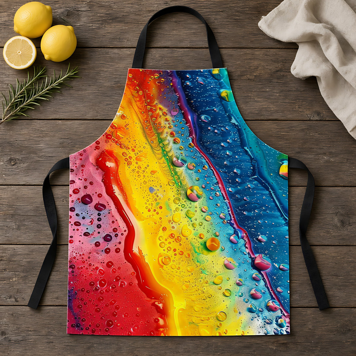 Rainbow Droplet Flow Apron laid flat on a rustic wooden table