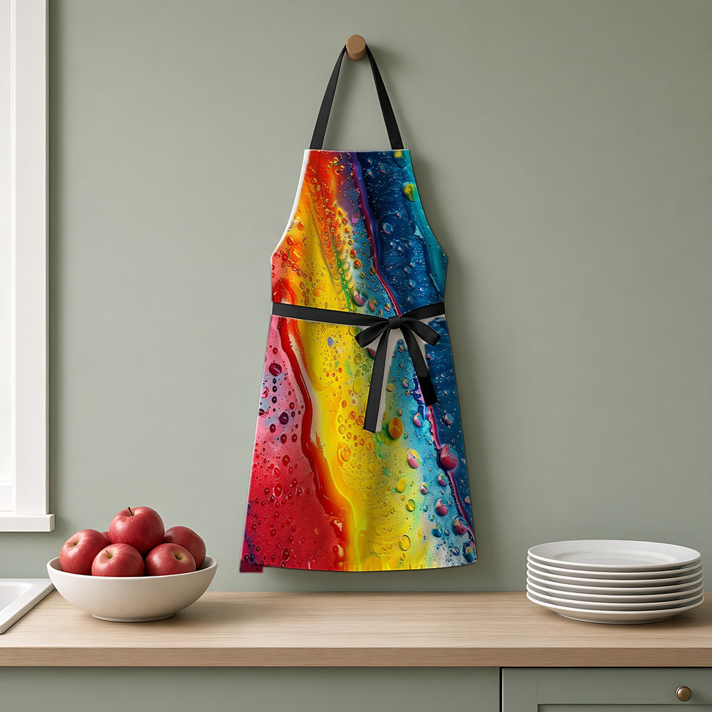 Rainbow Droplet Flow Apron hanging on a sage-green kitchen wall