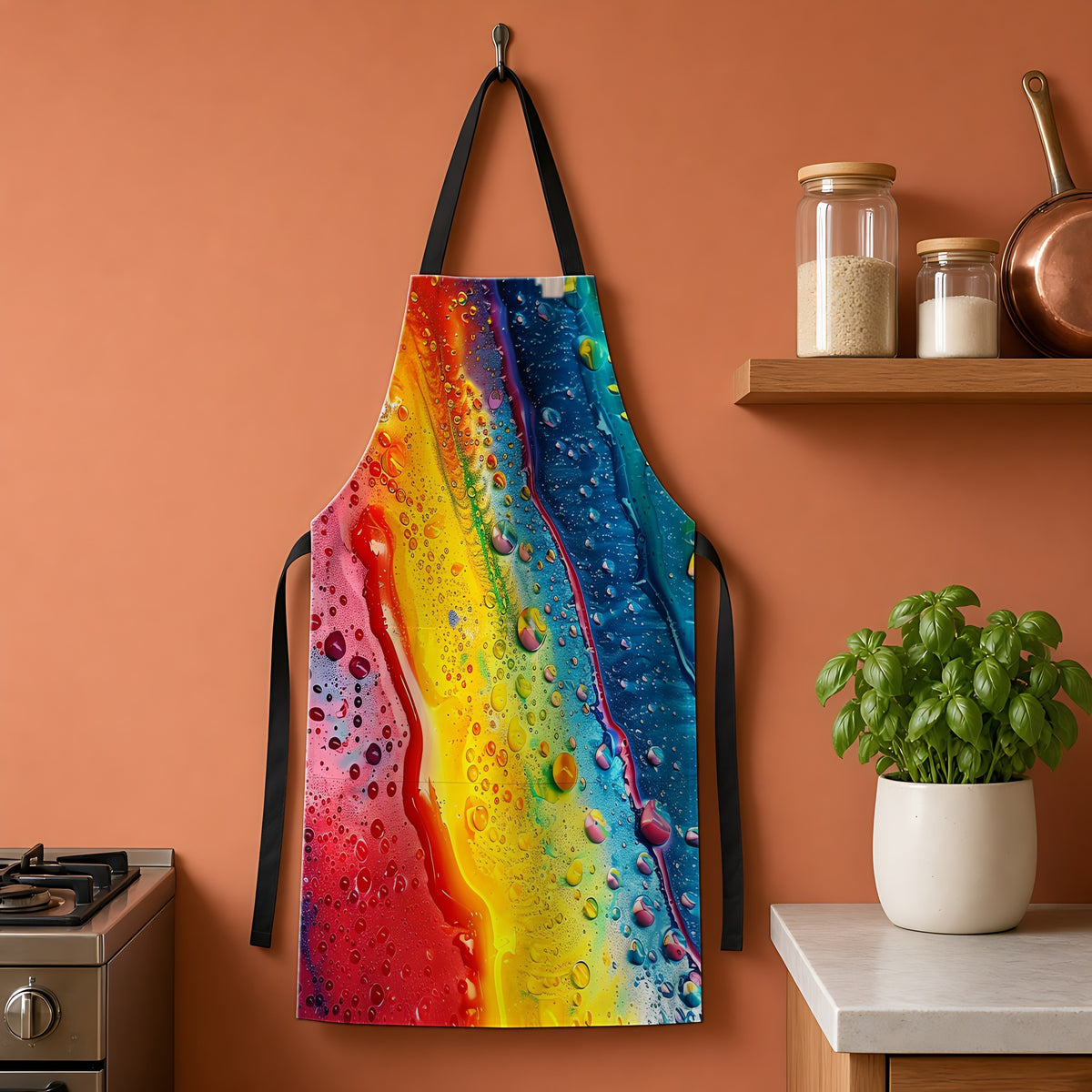 Rainbow Droplet Flow Apron hanging on a terracotta kitchen wall