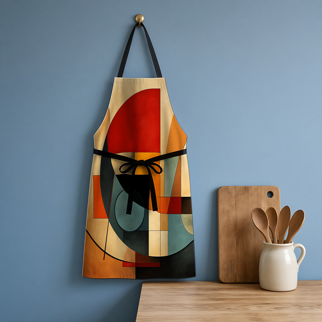 Bauhaus Sun Circles Apron hanging in a blue kitchen