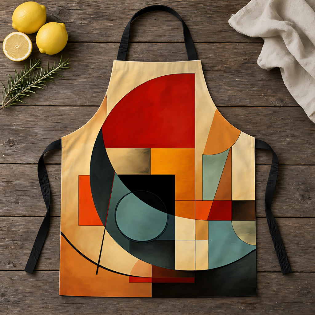 Bauhaus Sun Circles Apron laid flat on a rustic wooden table