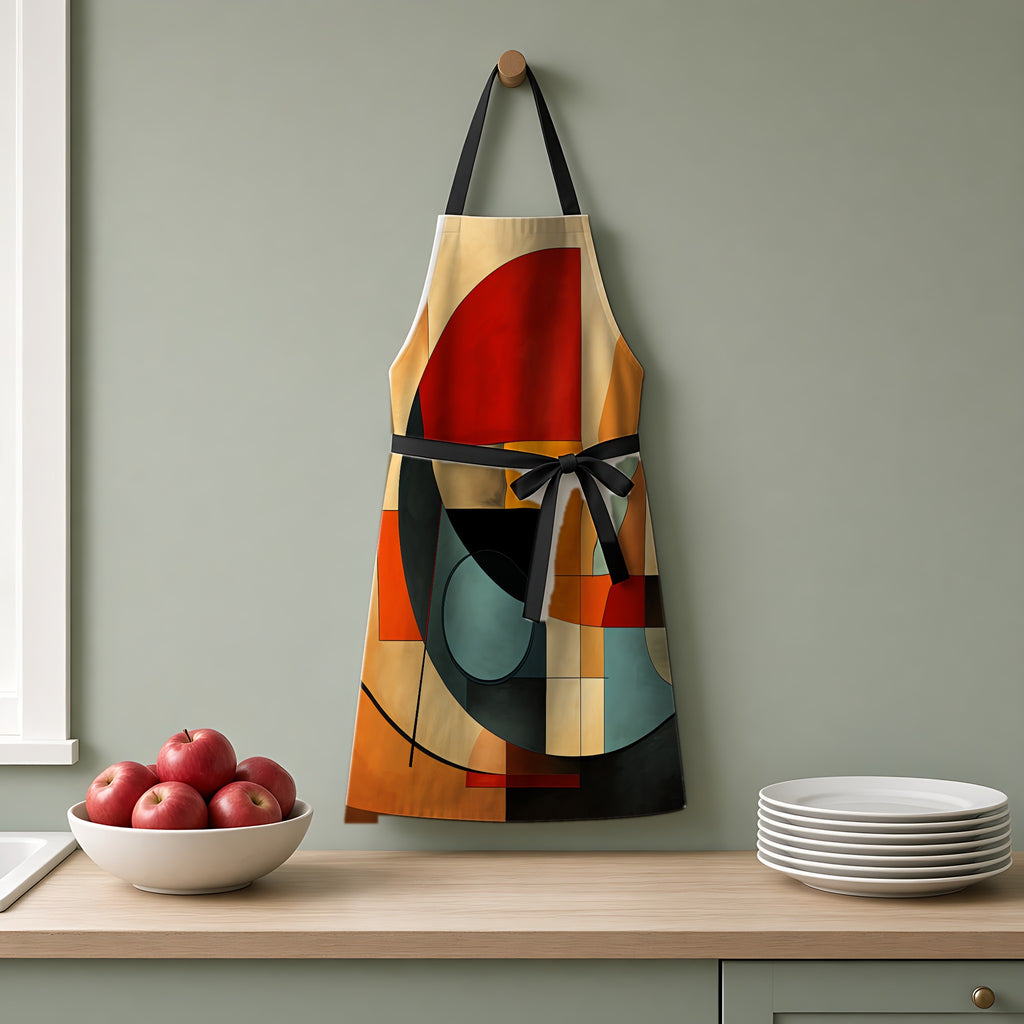 Bauhaus Sun Circles Apron hanging on a sage-green kitchen wall