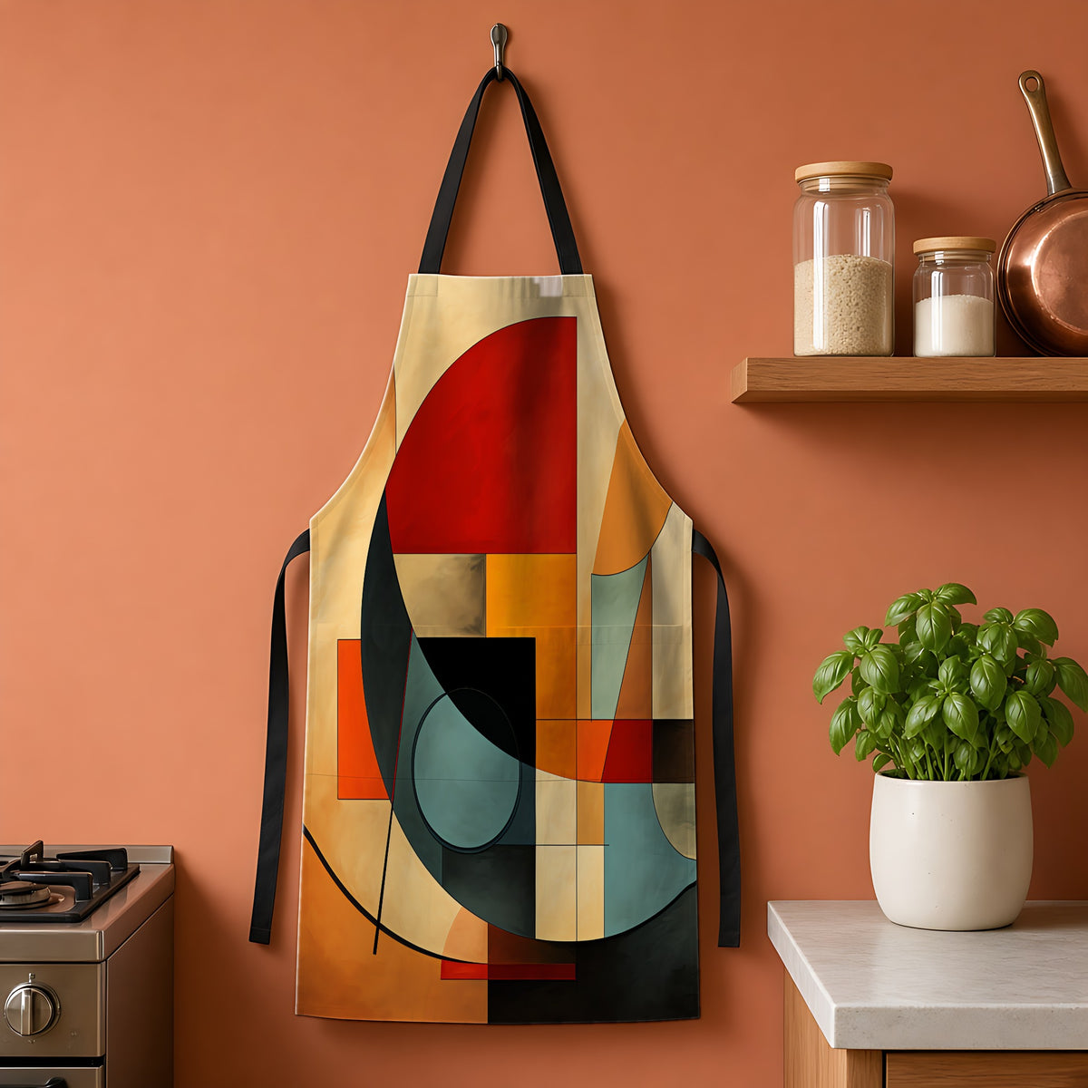 Bauhaus Sun Circles Apron hanging on a terracotta kitchen wall