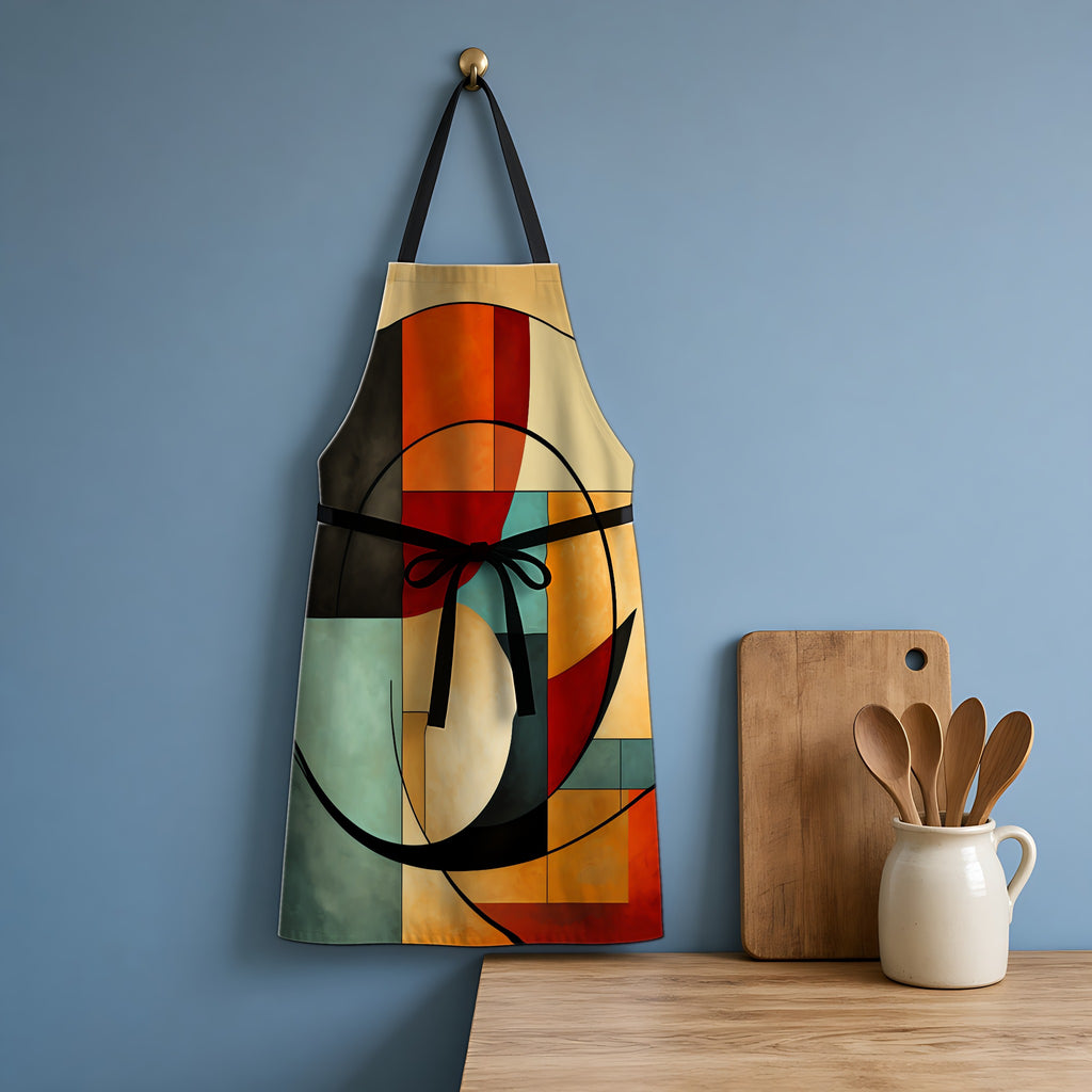 Bauhaus Arc Composition Apron hanging in a blue kitchen