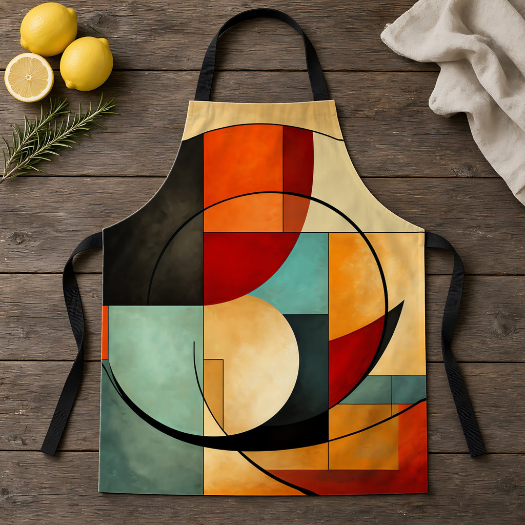 Bauhaus Arc Composition Apron laid flat on a rustic wooden table