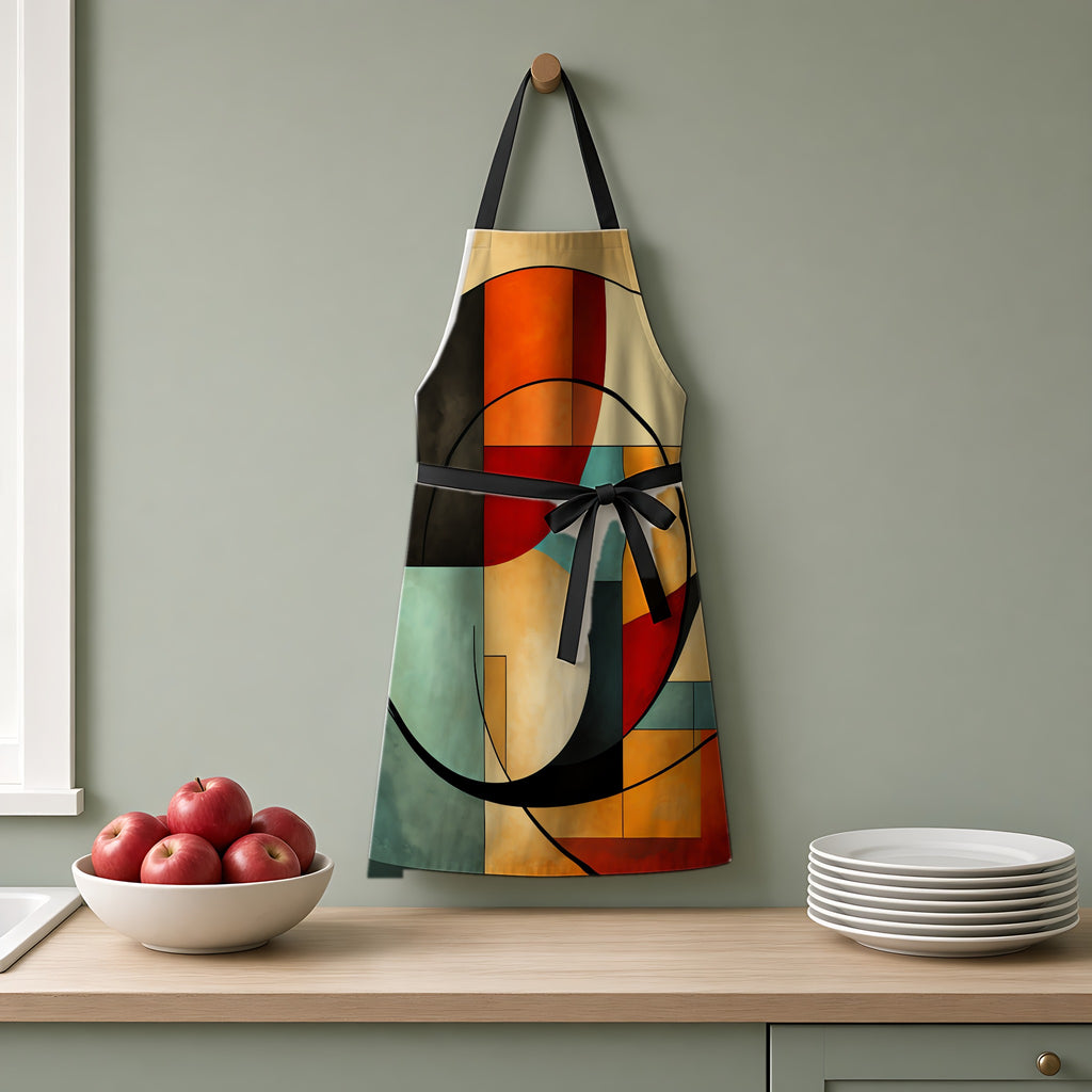 Bauhaus Arc Composition Apron hanging on a sage-green kitchen wall