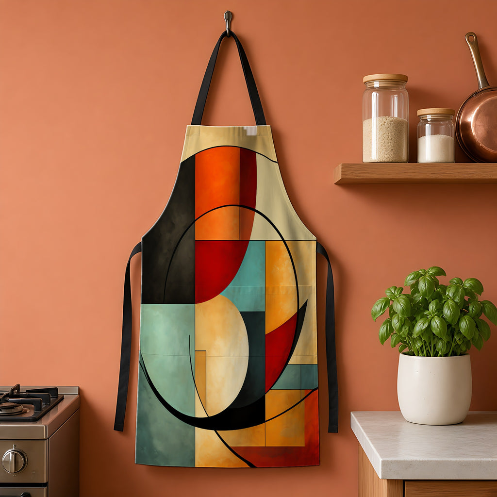 Bauhaus Arc Composition Apron hanging on a terracotta kitchen wall