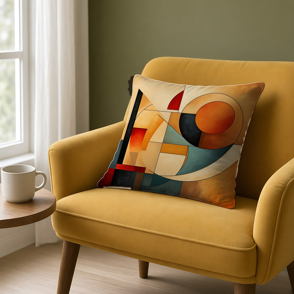 Bauhaus Moon Blocks Faux Suede Cushion on a mustard armchair by a window