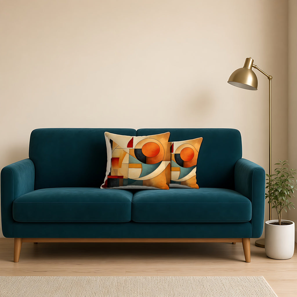 Bauhaus Moon Blocks Faux Suede Cushion on a teal velvet sofa