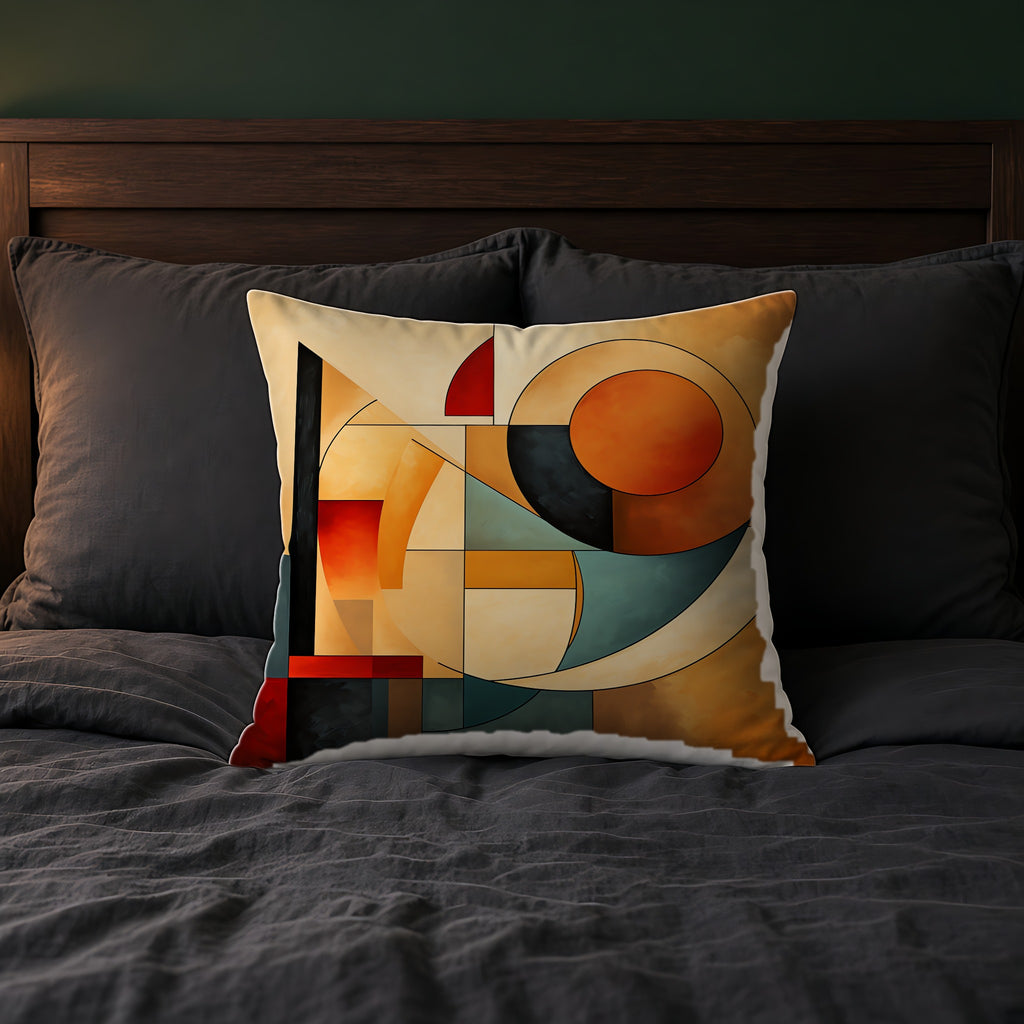 Bauhaus Moon Blocks Faux Suede Cushion on a bed with charcoal bedding