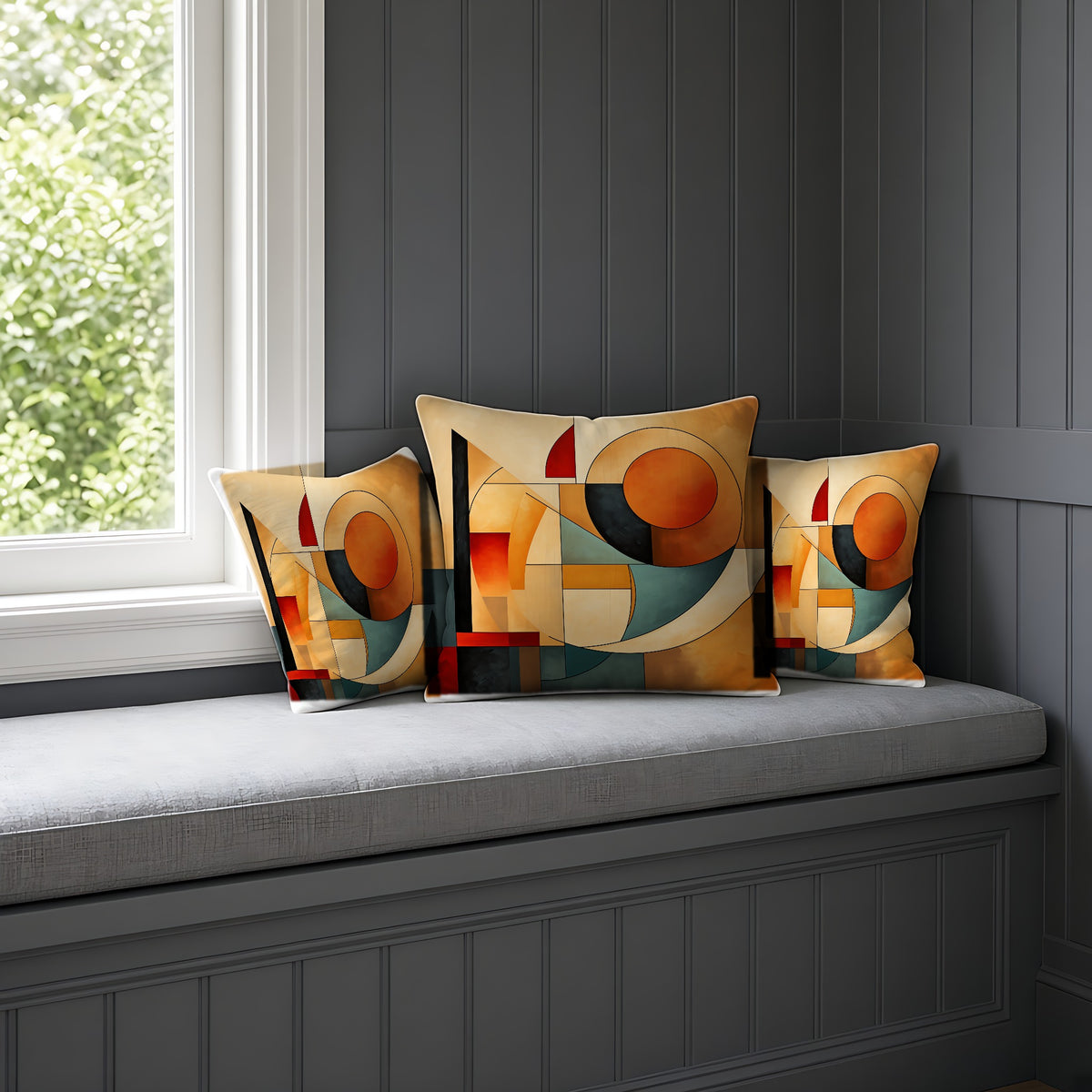 Bauhaus Moon Blocks Faux Suede Cushion on a window seat