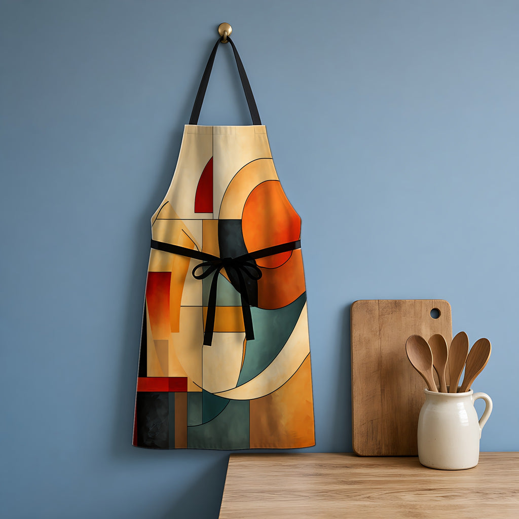 Bauhaus Moon Blocks Apron hanging in a blue kitchen