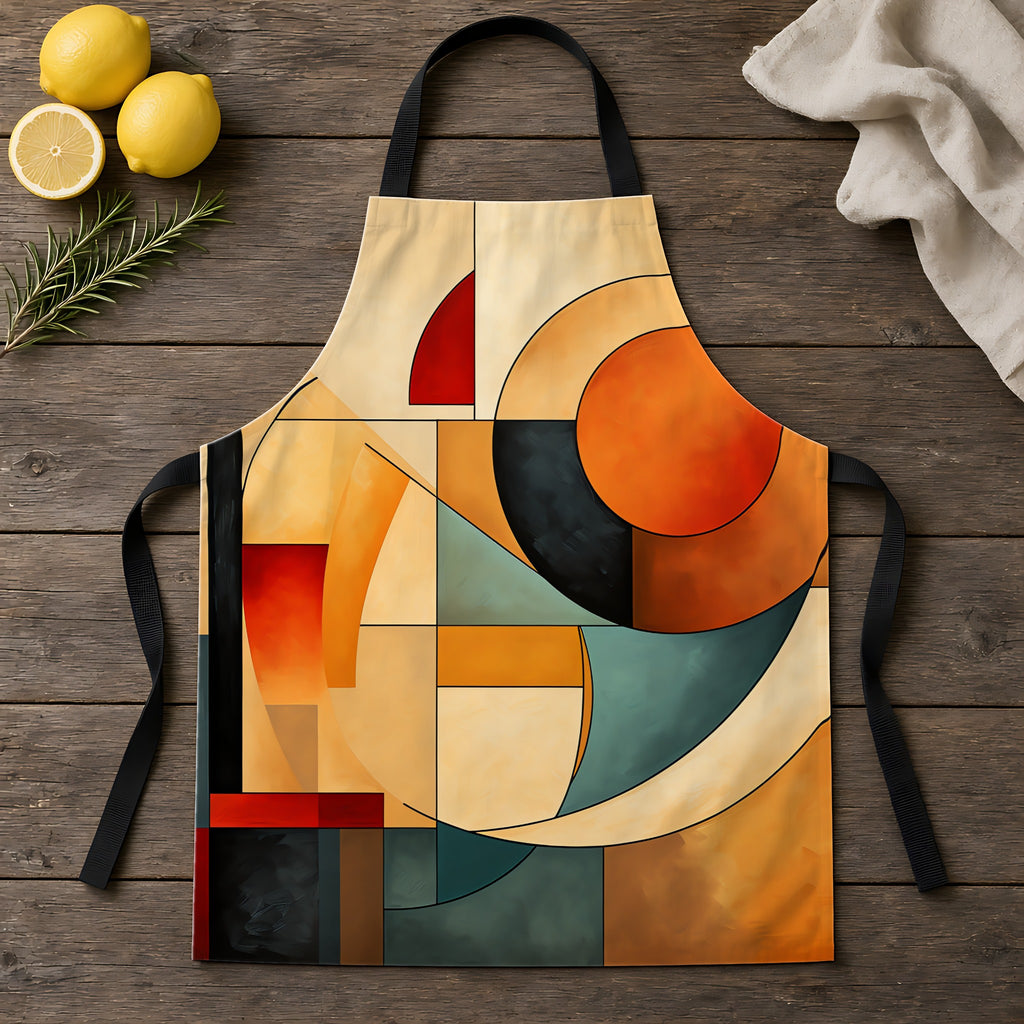 Bauhaus Moon Blocks Apron laid flat on a rustic wooden table