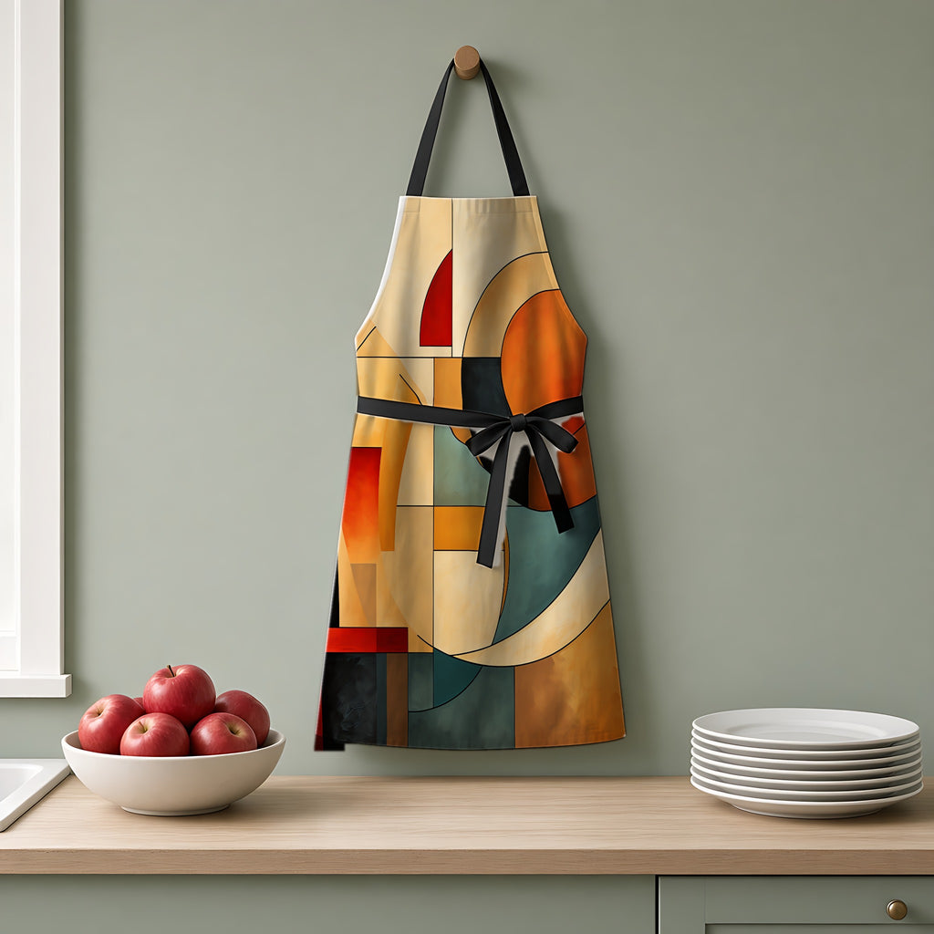 Bauhaus Moon Blocks Apron hanging on a sage-green kitchen wall