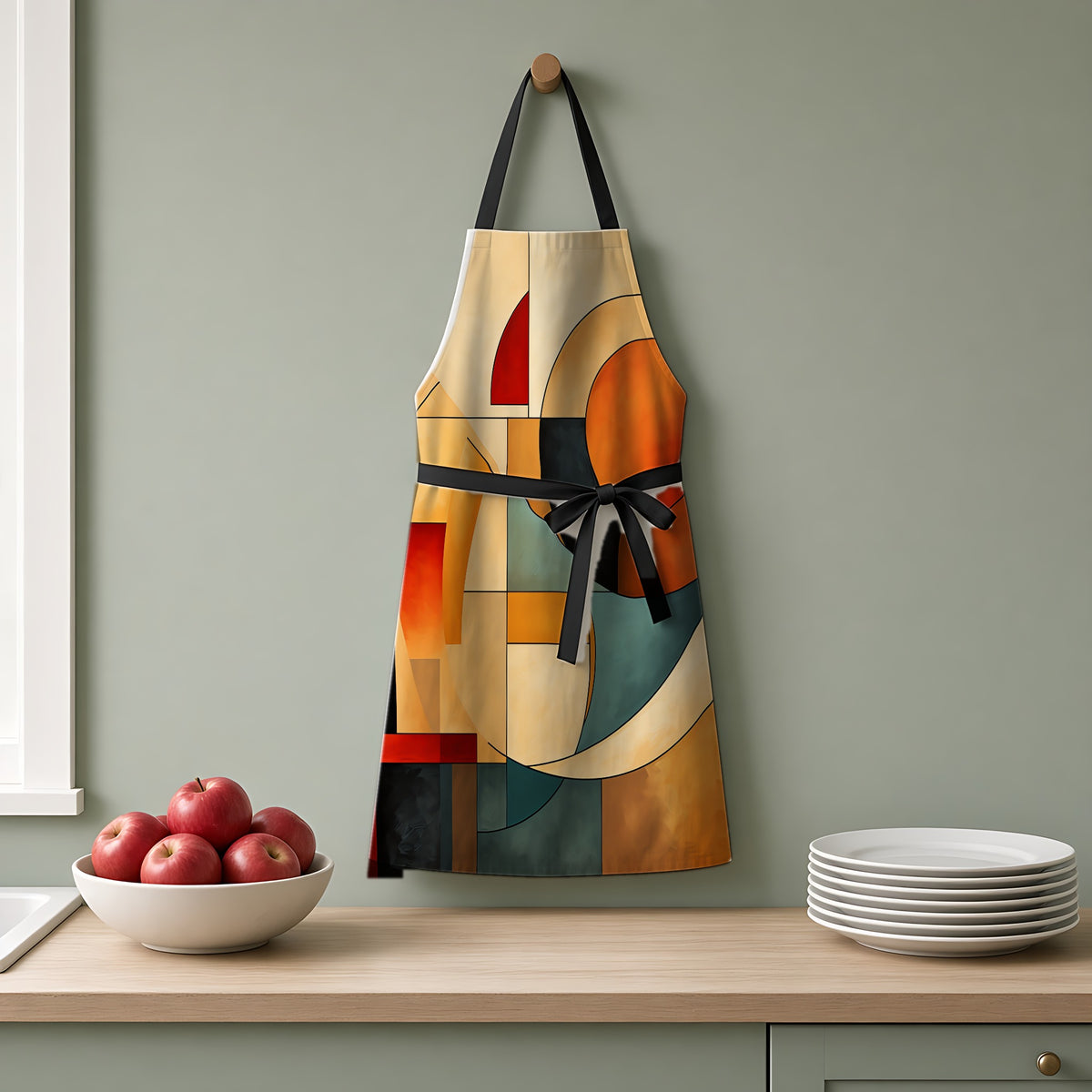 Bauhaus Moon Blocks Apron hanging on a sage-green kitchen wall