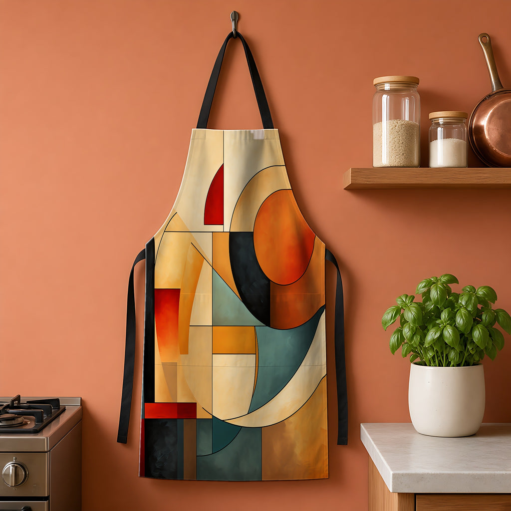 Bauhaus Moon Blocks Apron hanging on a terracotta kitchen wall