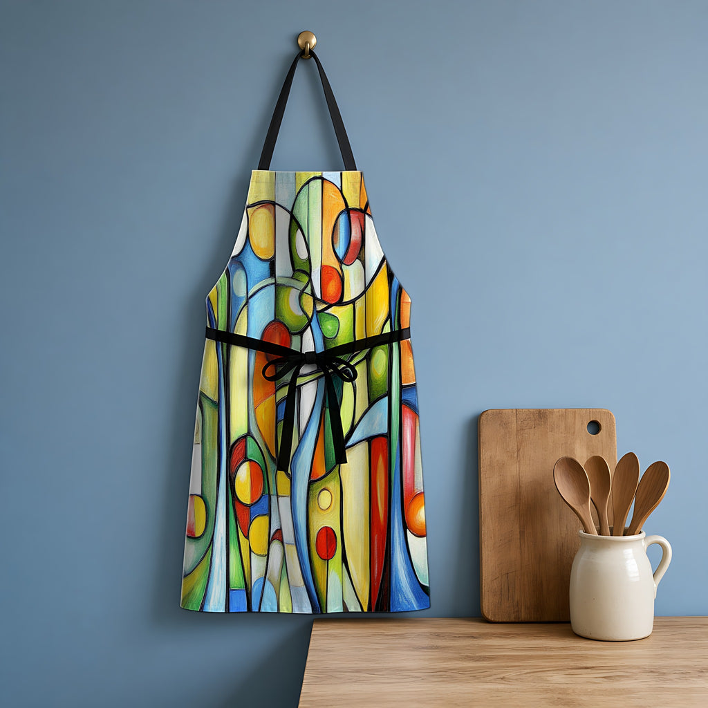 Stained Glass Rhythm Apron hanging in a blue kitchen