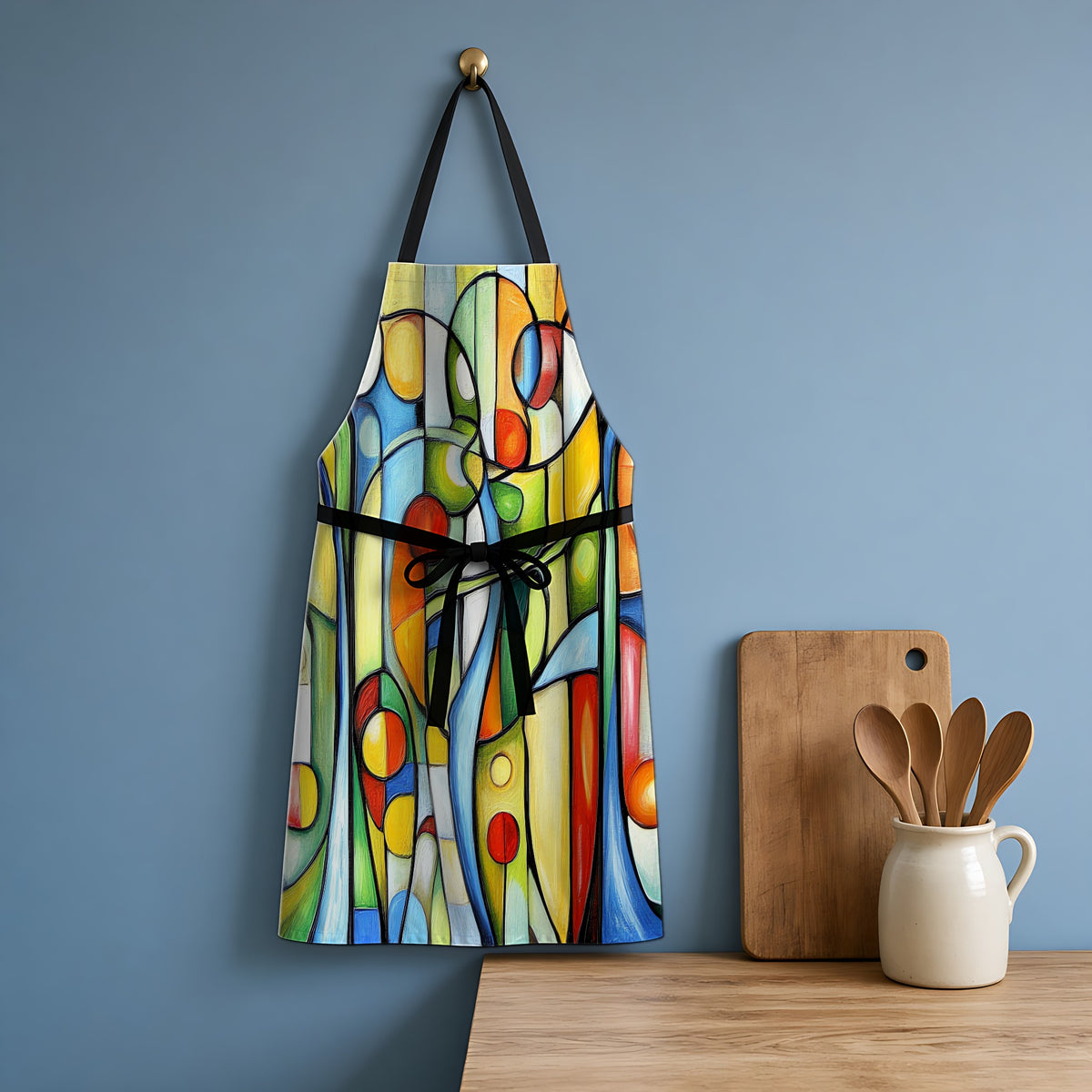 Stained Glass Rhythm Apron hanging in a blue kitchen