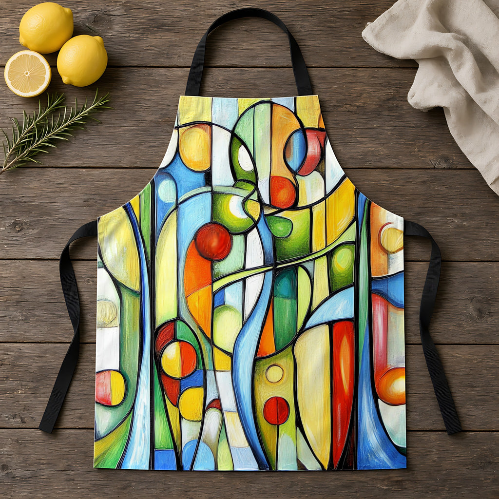 Stained Glass Rhythm Apron laid flat on a rustic wooden table
