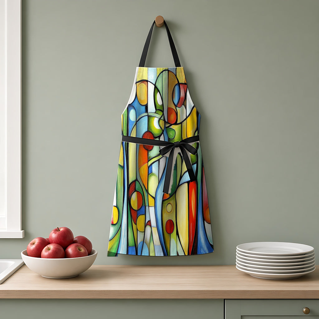 Stained Glass Rhythm Apron hanging on a sage-green kitchen wall