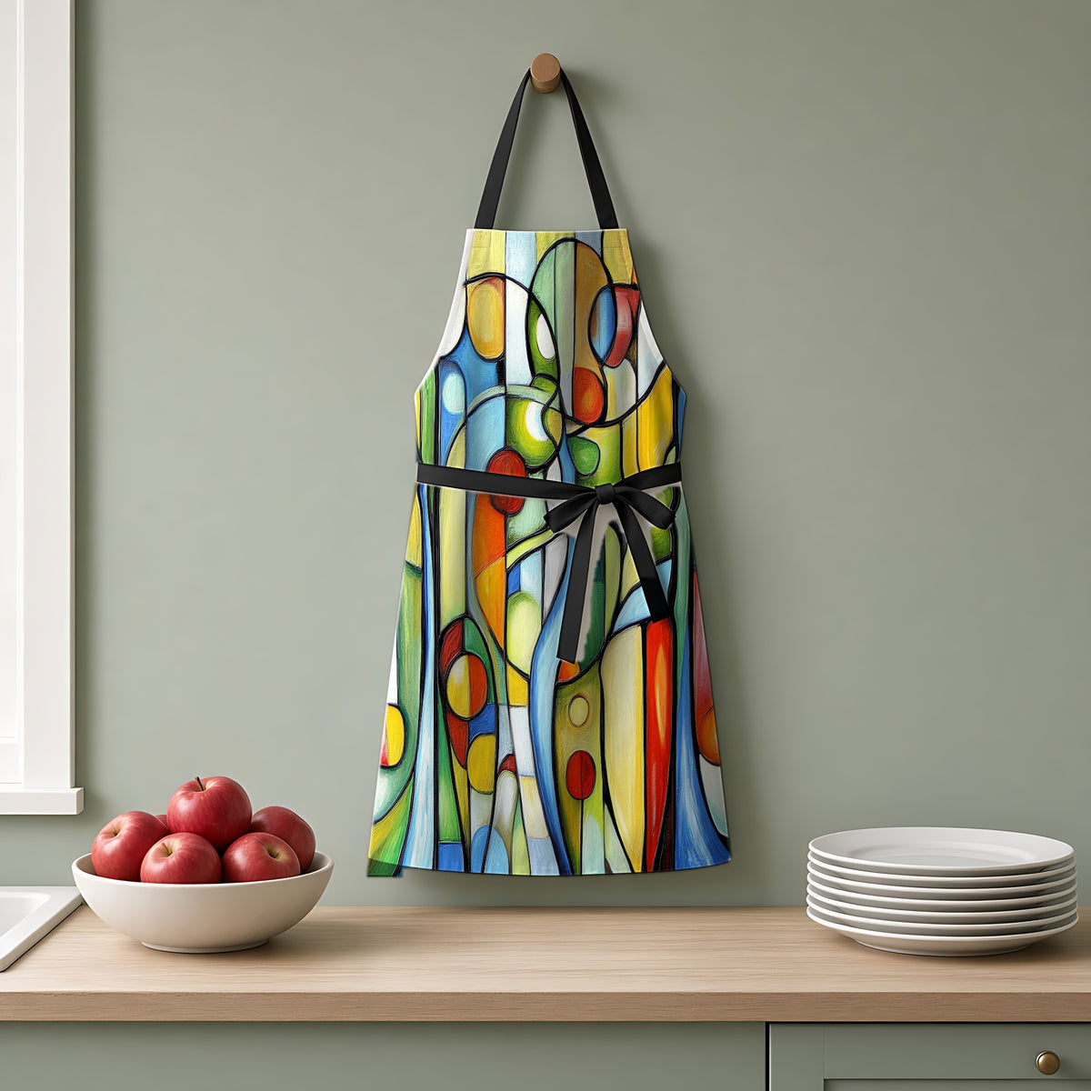 Stained Glass Rhythm Apron hanging on a sage-green kitchen wall