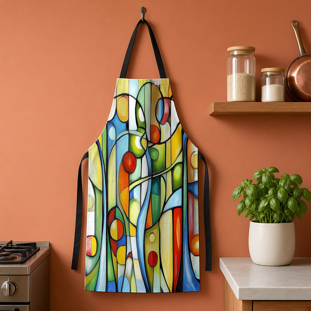 Stained Glass Rhythm Apron hanging on a terracotta kitchen wall