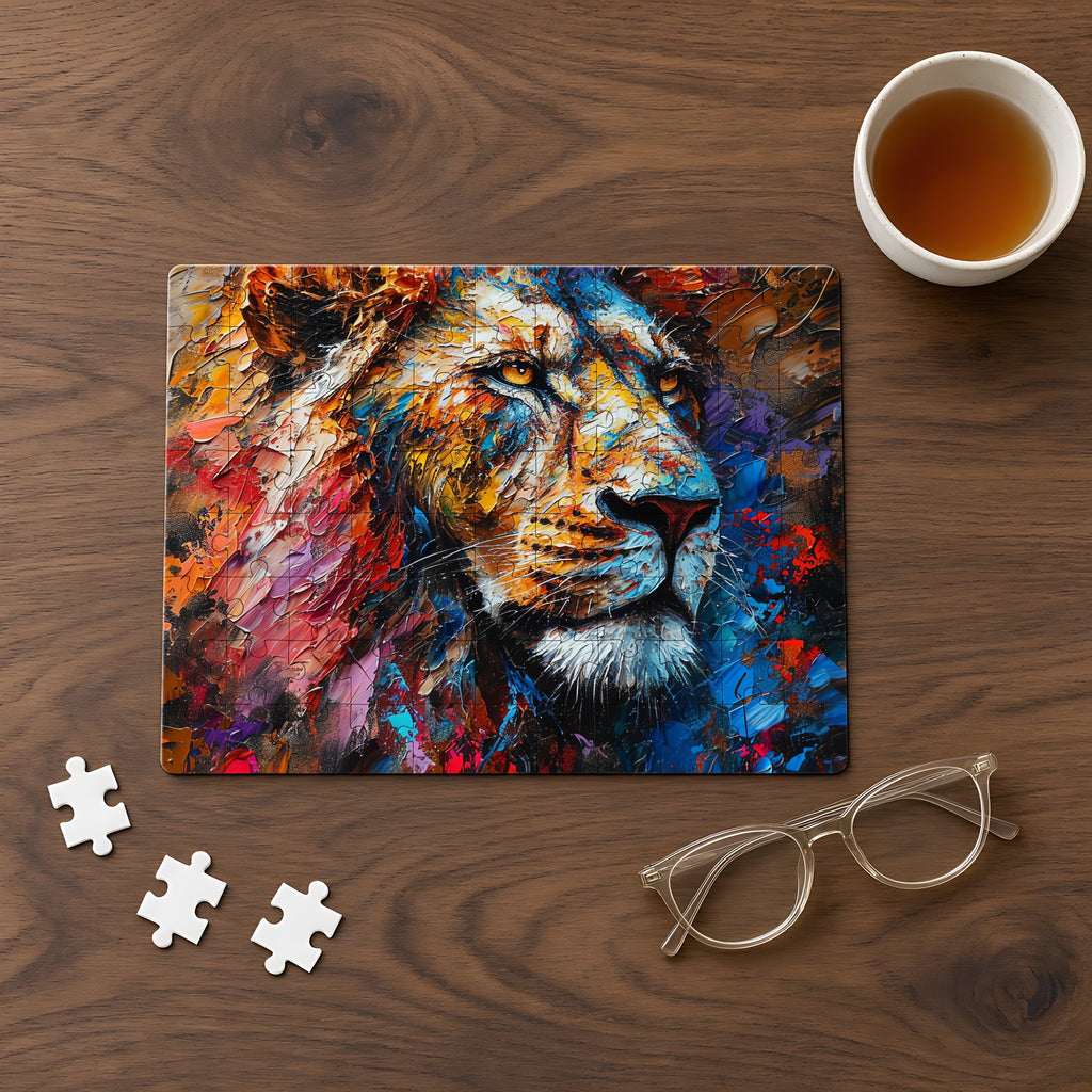 Rainbow Lion Jigsaw Puzzle with Tin completed on a walnut table