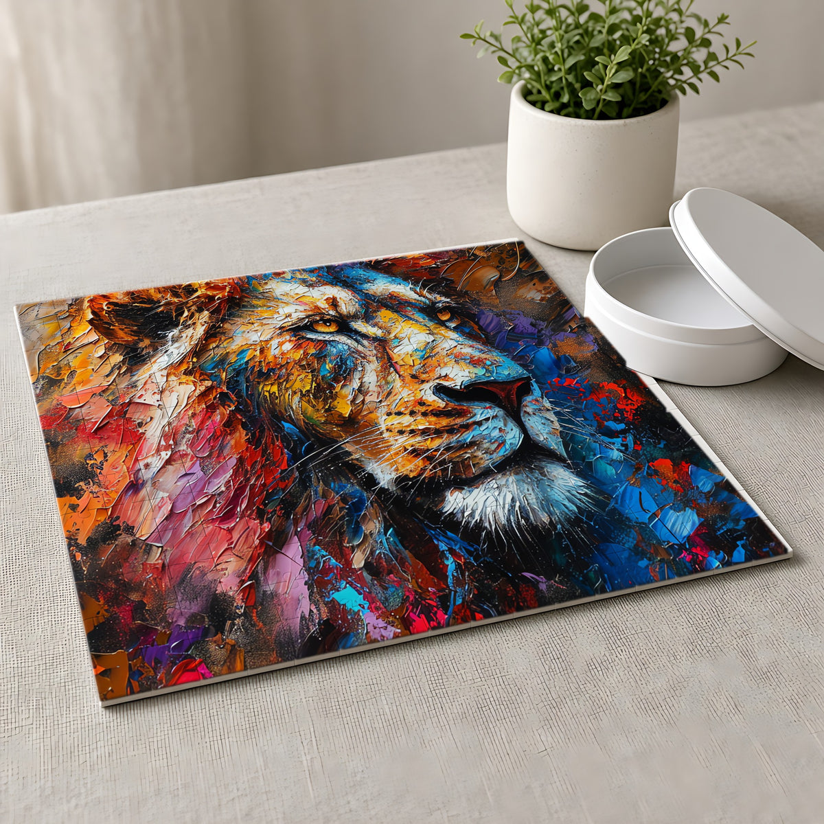 Rainbow Lion Jigsaw Puzzle with Tin completed on a linen tablecloth