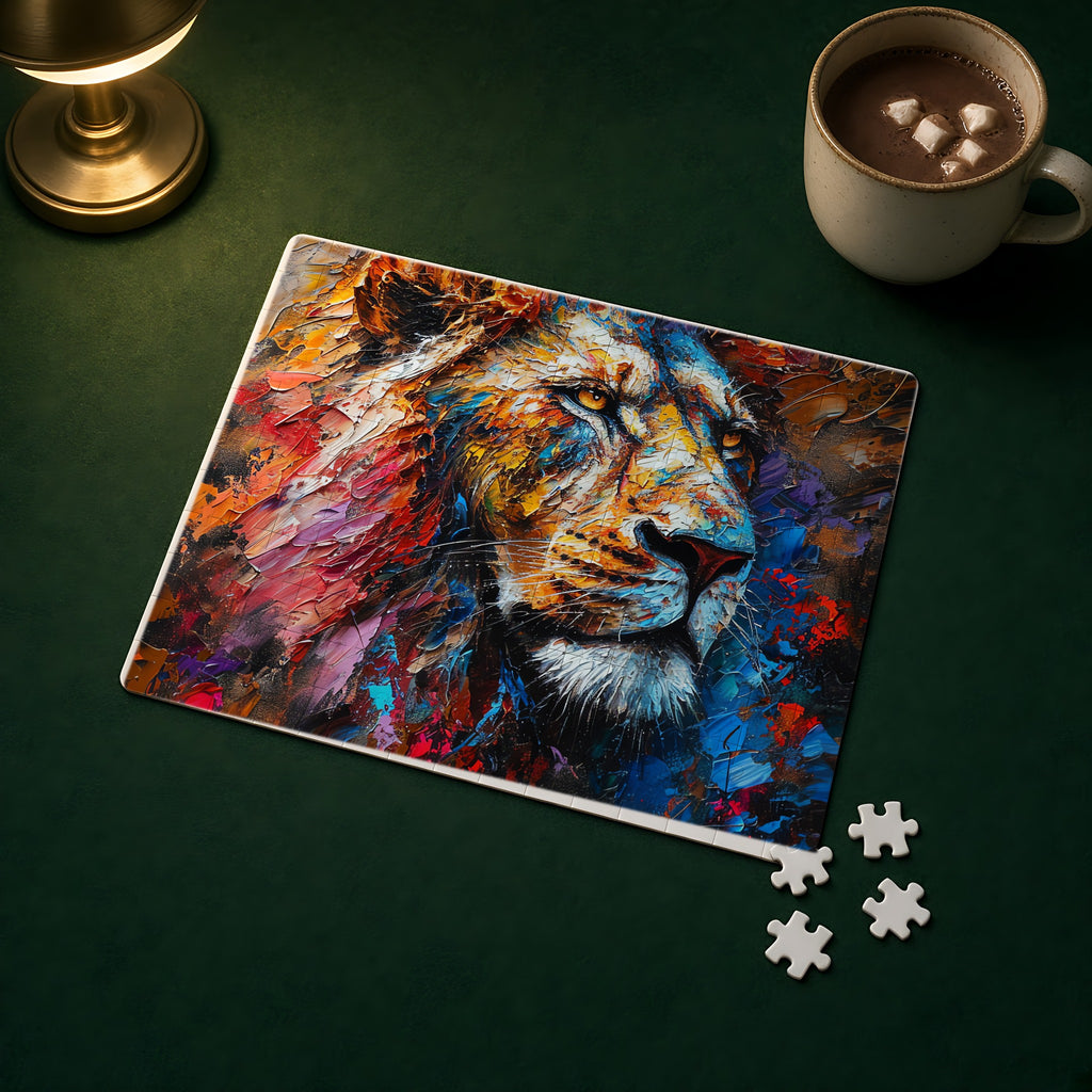 Rainbow Lion Jigsaw Puzzle with Tin completed on a green games table