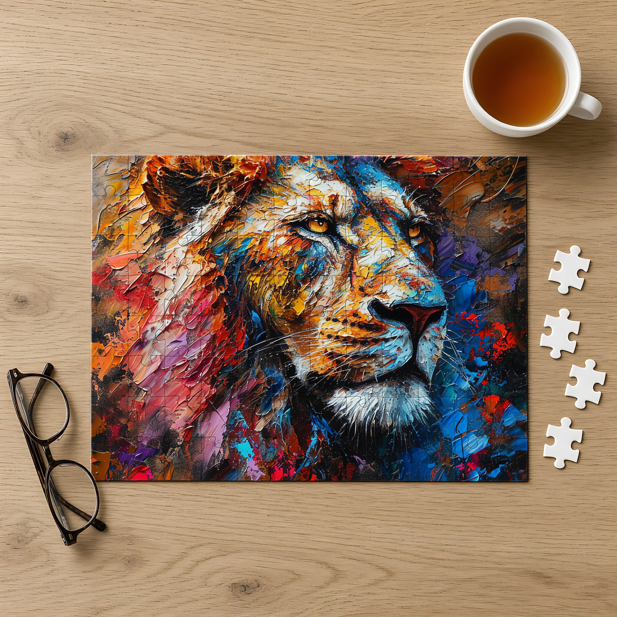 Rainbow Lion Jigsaw Puzzle with Tin completed on a light oak table with a cup of tea