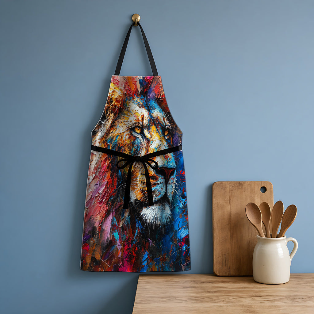 Rainbow Lion Apron hanging in a blue kitchen