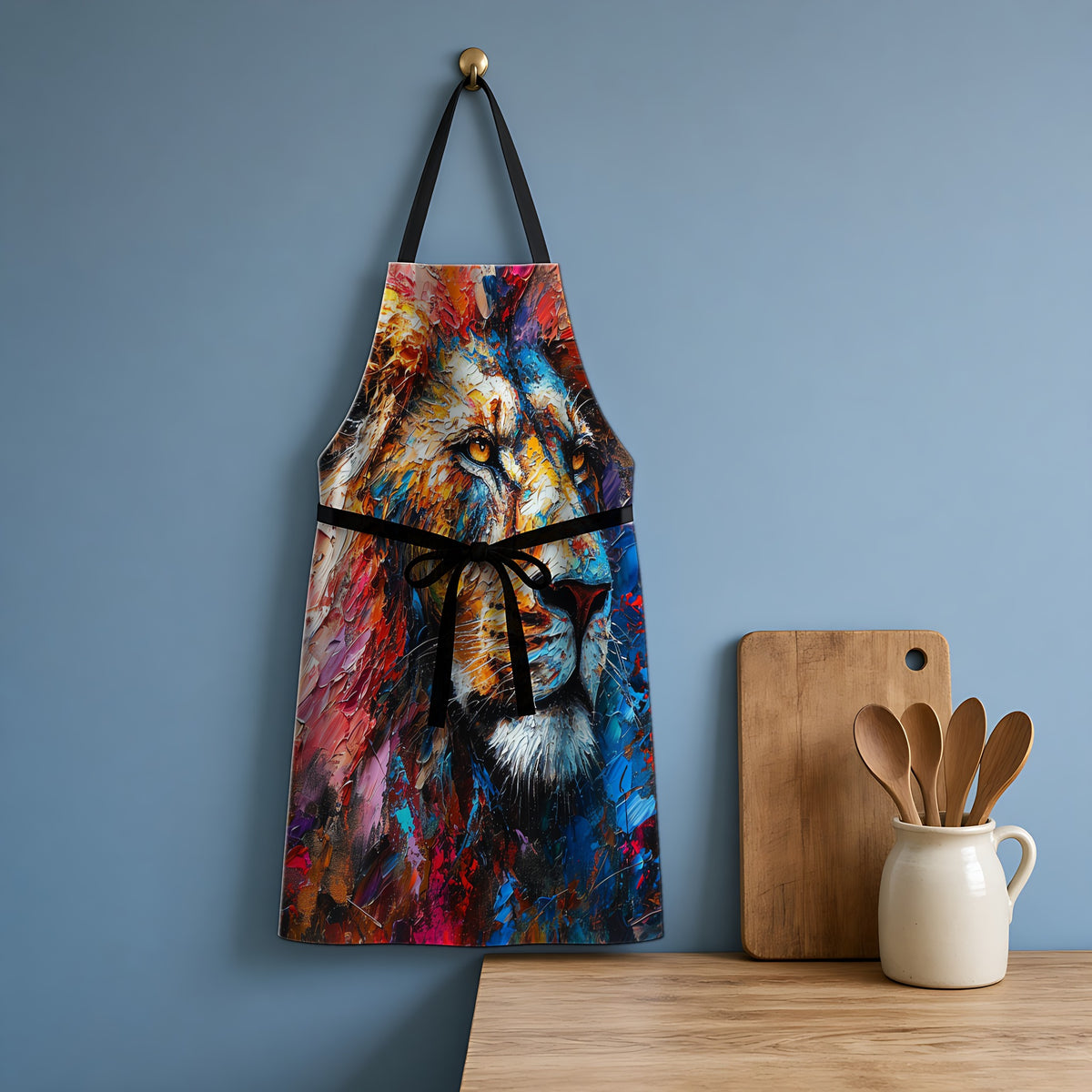 Rainbow Lion Apron hanging in a blue kitchen