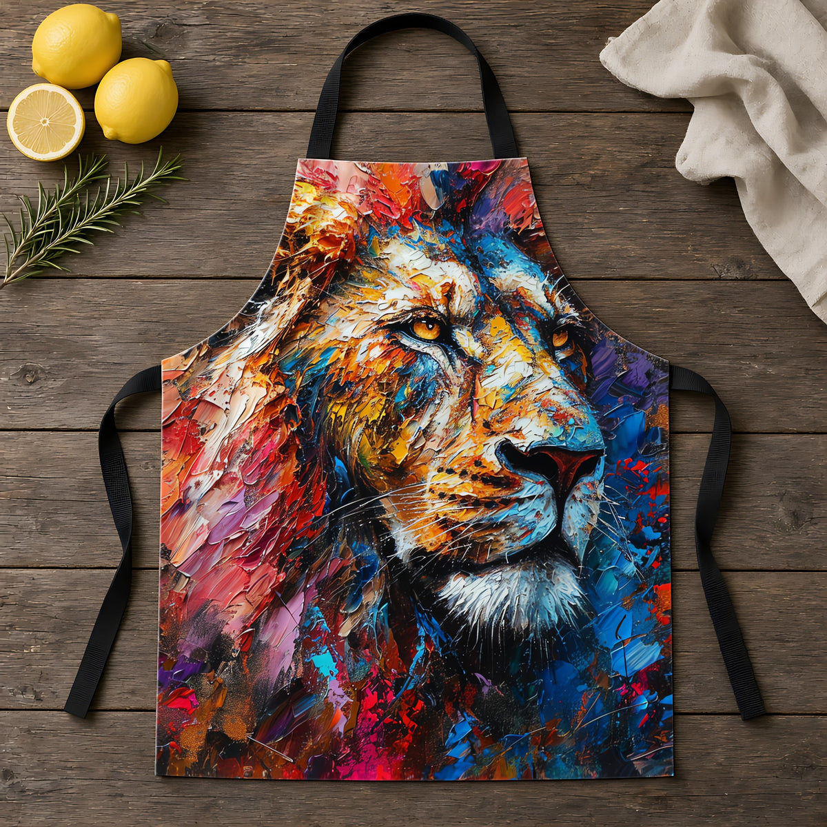 Rainbow Lion Apron laid flat on a rustic wooden table