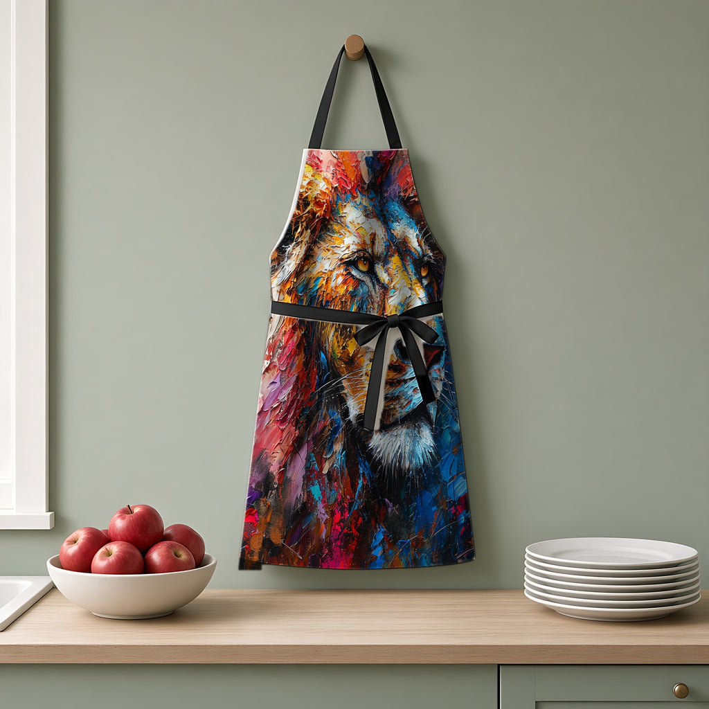 Rainbow Lion Apron hanging on a sage-green kitchen wall