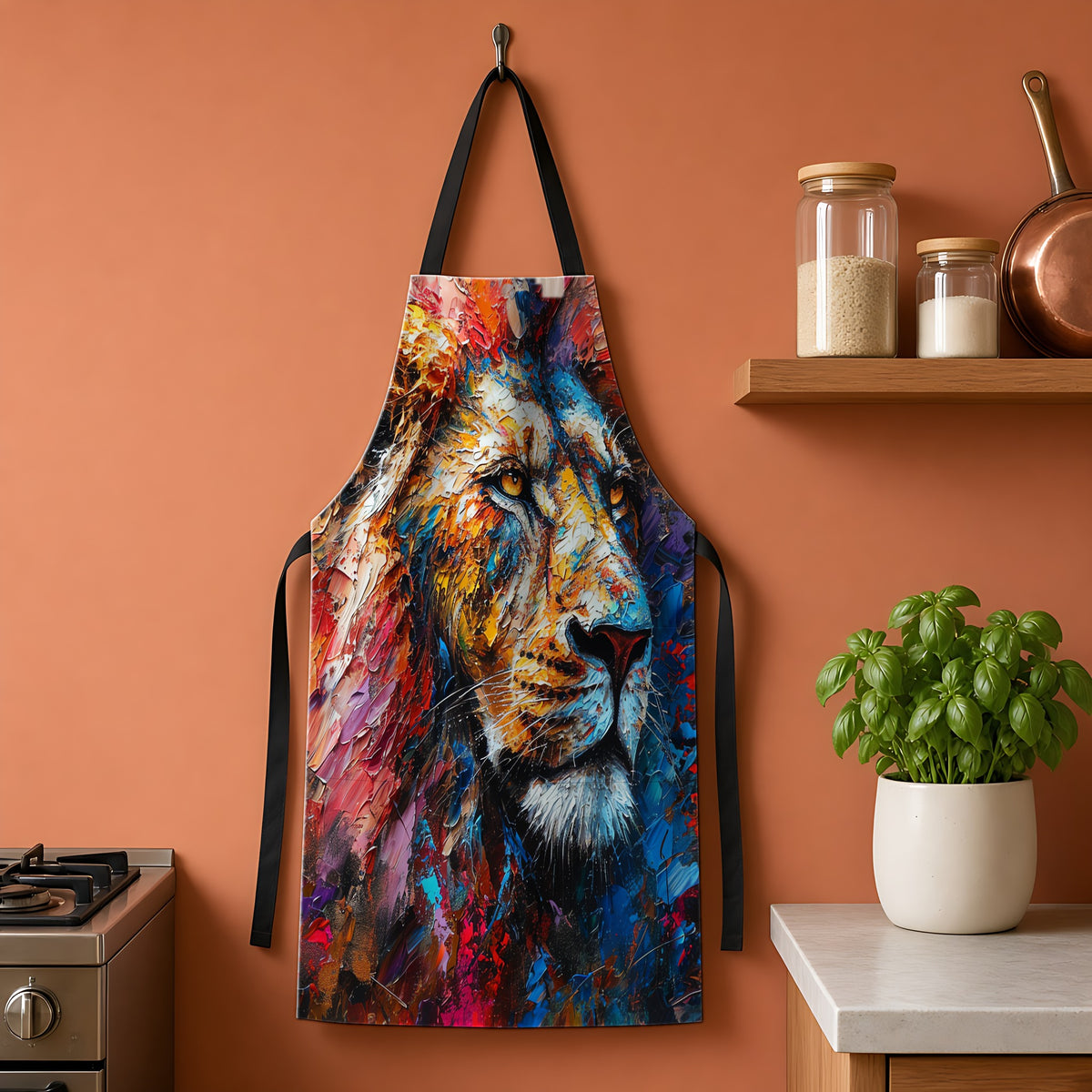 Rainbow Lion Apron hanging on a terracotta kitchen wall